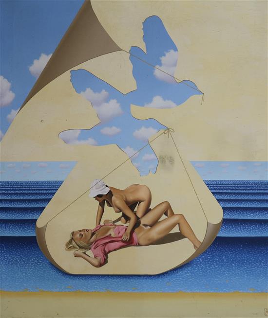 Anthony John Gray (b. 1946) Trompe loeil, semi-nude figures, gulls, sky 92 x 76cm